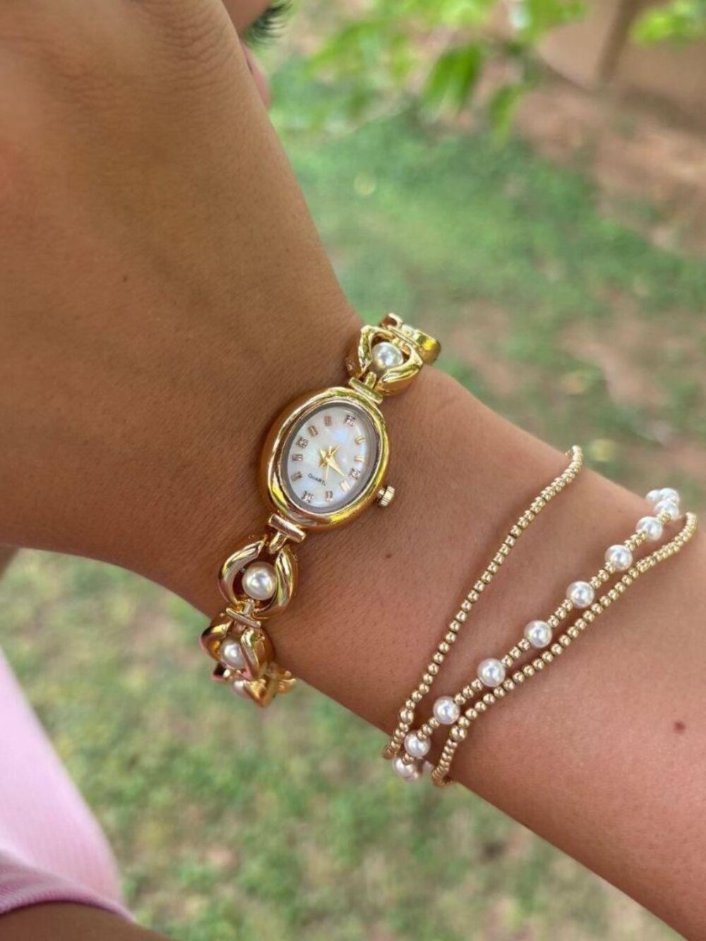 Cute Preppy Gold Pearl Bracelet Watch